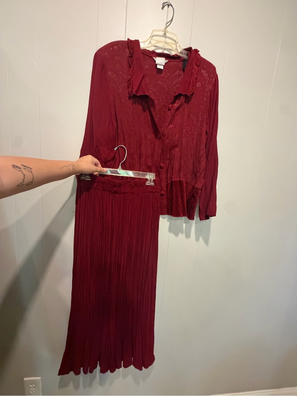 Women's Burgundy Pleated Skirt and Button-Up Top Set